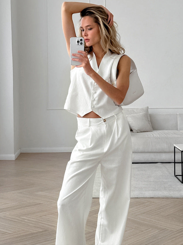 White Strapless Blazer Vest and Wide-Leg Pants 2 Piece Sets