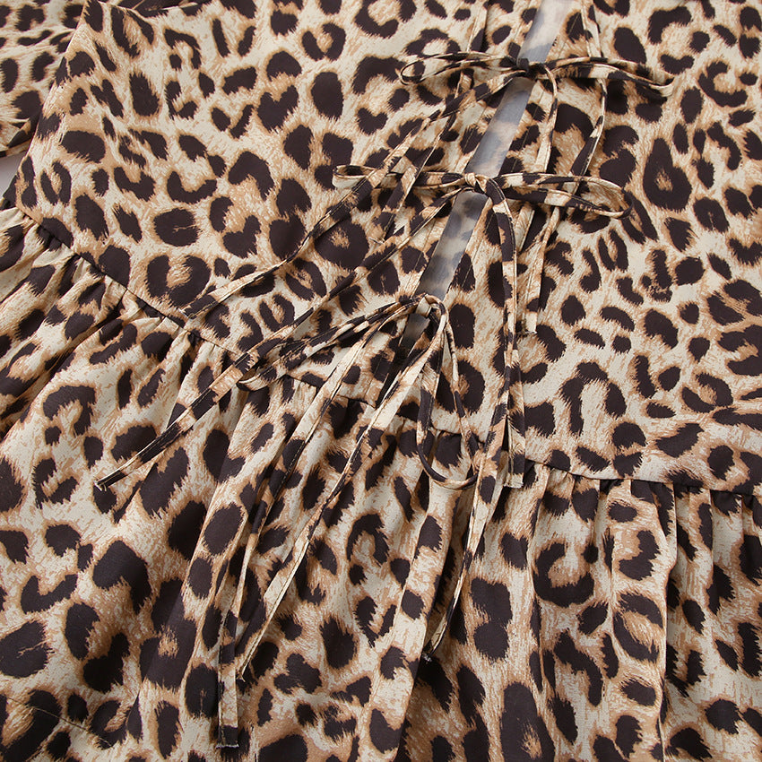 Leopard Print Puff Sleeve Tie Front Top