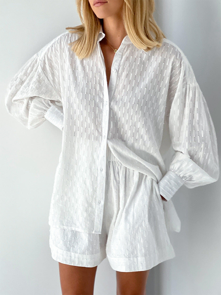 Long Sleeve Shirt Shorts Button Down 2 Piece