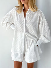 Long Sleeve Shirt Shorts Button Down 2 Piece