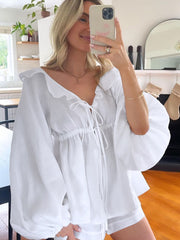 White V-Neck Bubble Sleeve Two Piece Set