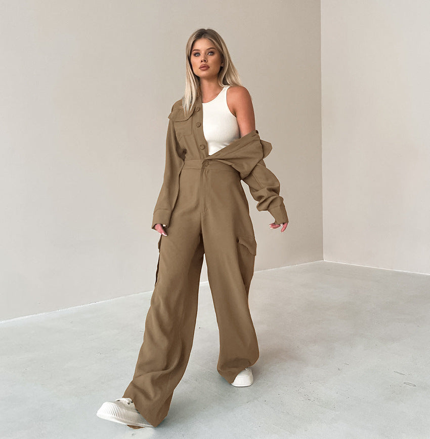 Long Sleeve Single-breasted Cargo Jumpsuits