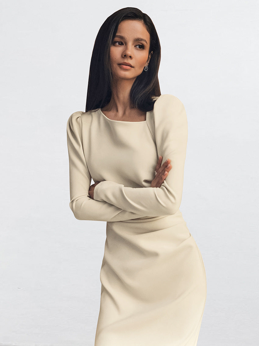 Fitted Midi Dress With Asymmetric Neckline