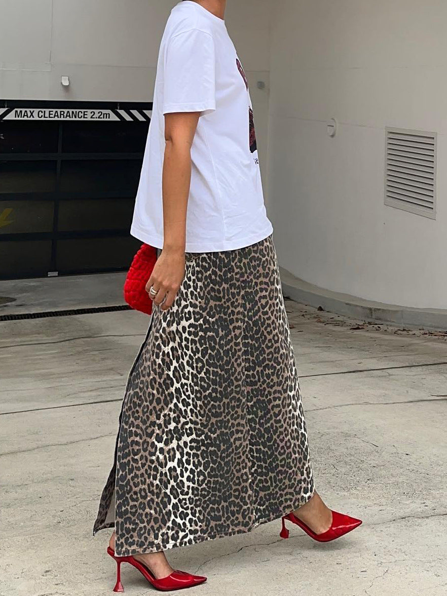 Cotton Leopard Print Split Midi Skirts