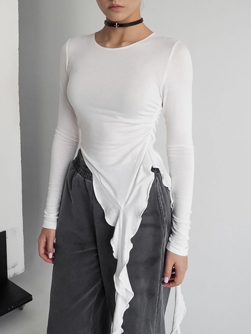 Pleated Ruffle Tassel Jersey Top