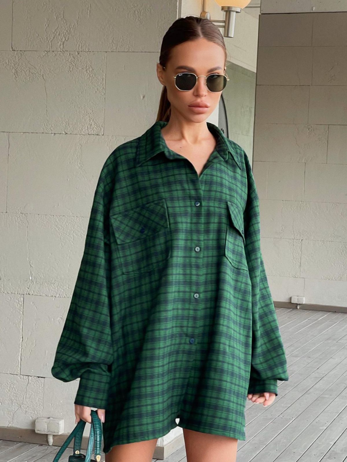 Green Loose Button Down Blouses