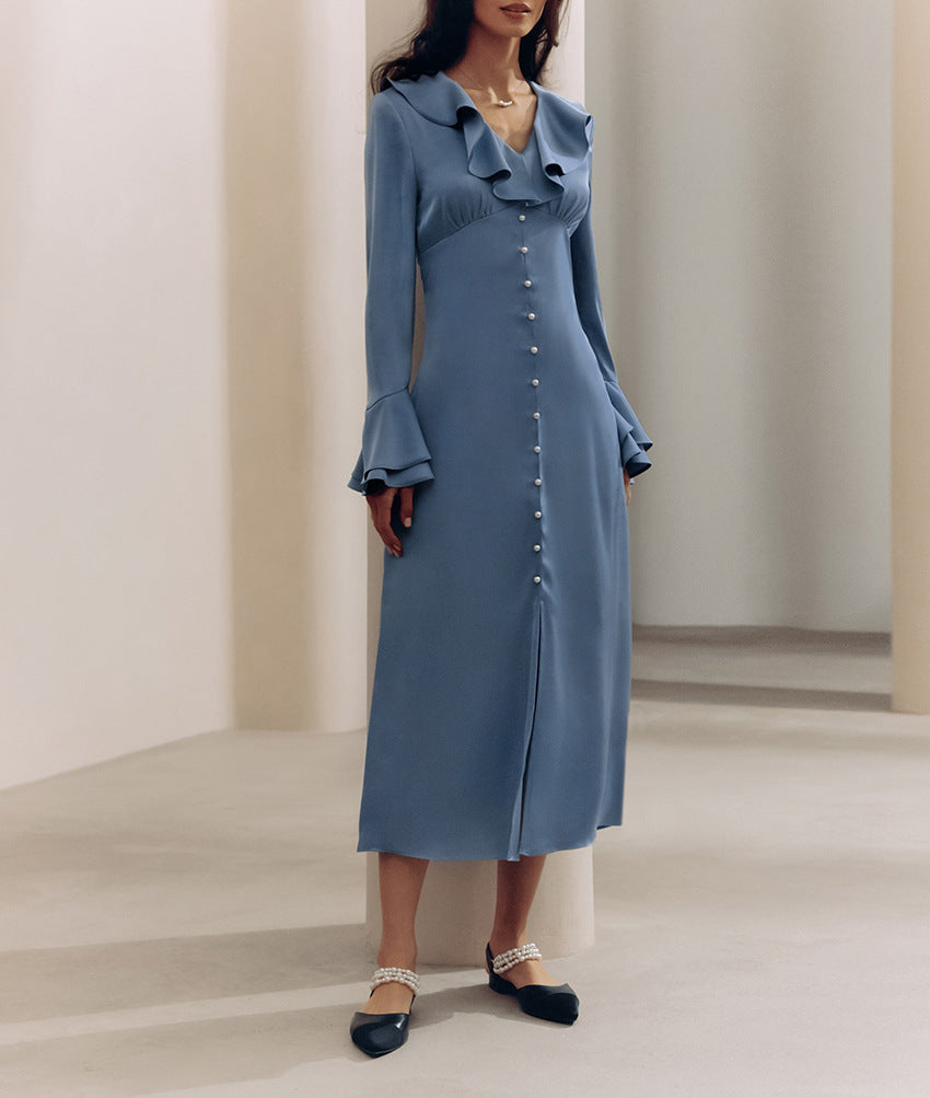 Satin Midi Dress With Flounced Collar And Pearl Buttons