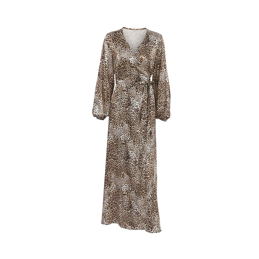 Leopard Print Lantern Sleeve V-Neck Dress