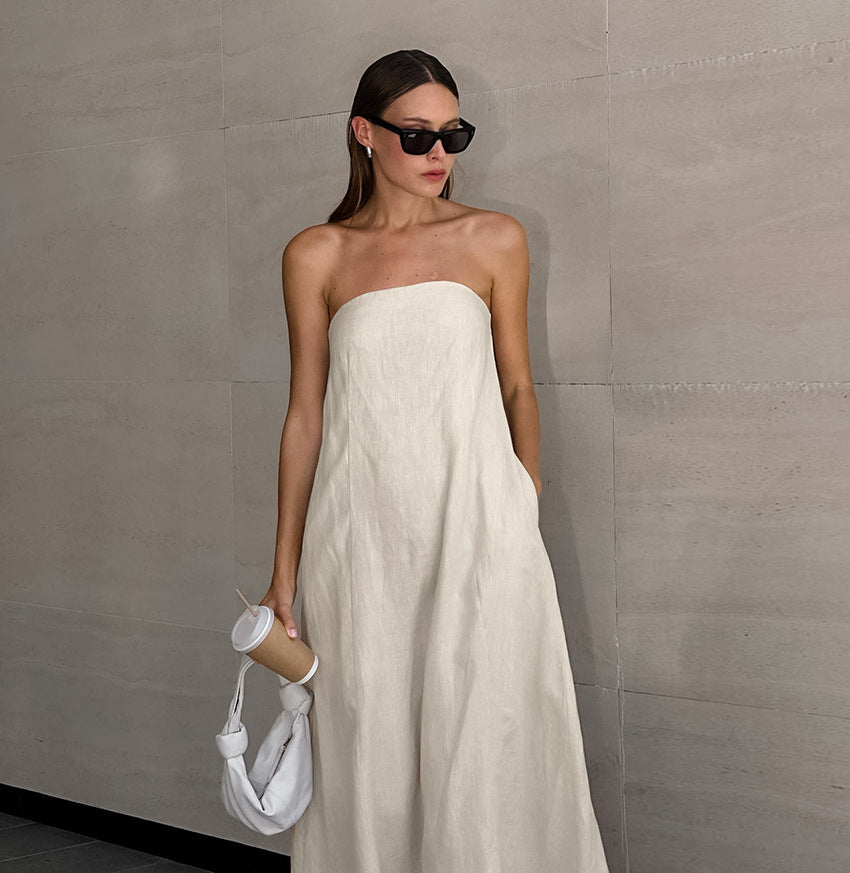 Linen A-Line Strapless Maxi Dress