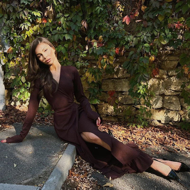 V-Neck Slim Fit Slit Trumpet Sleeve Dress