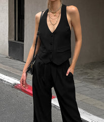 V-Neck Halter Vest Wide-Leg Pants Suit