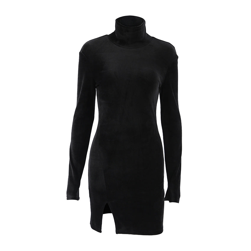 Slim Fit Velvet Sheath Turtleneck Dress