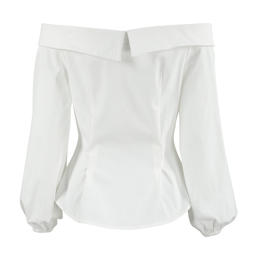 White Button-up Off-shoulder Top