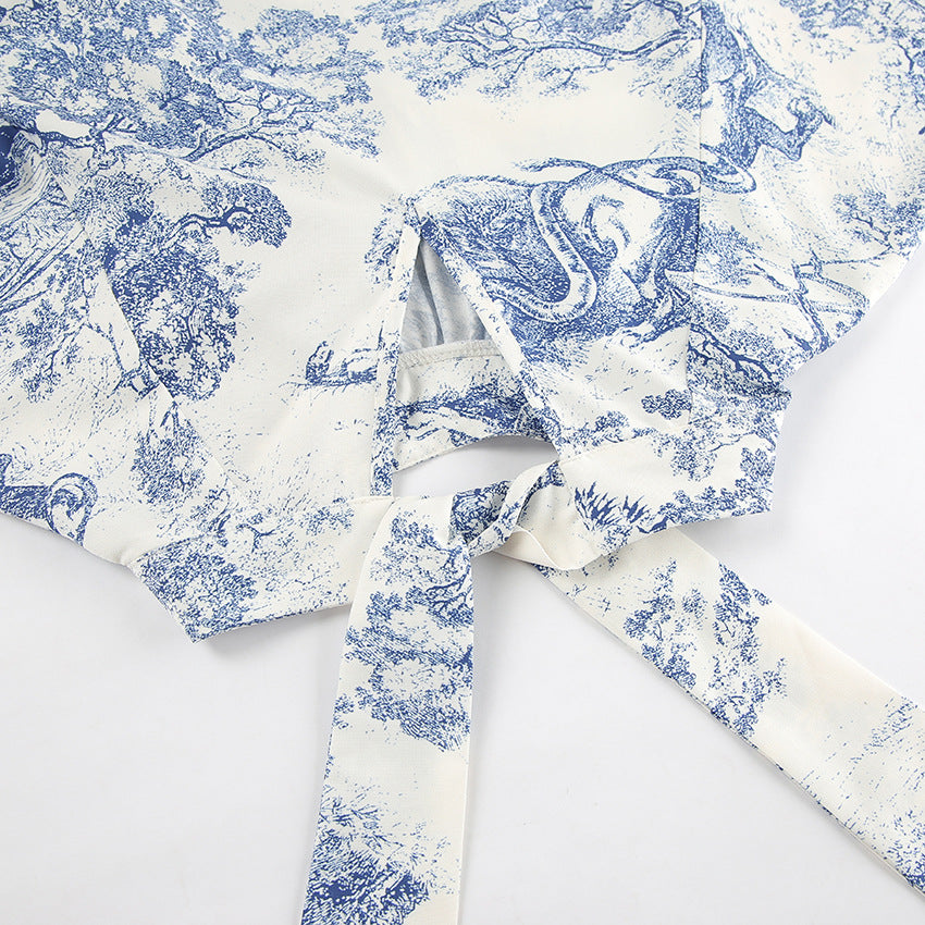 Ink Painting Shirt Design Print Lantern Sleeve Stand Collar Top