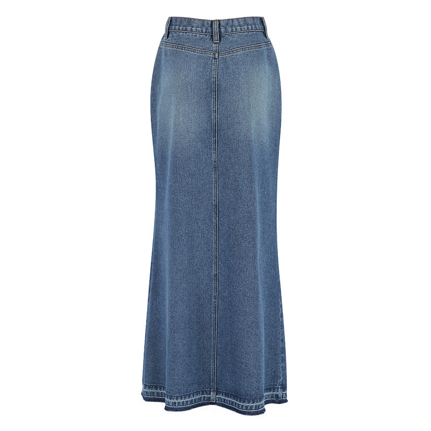 High-Waisted Denim Skirt with Front Slit