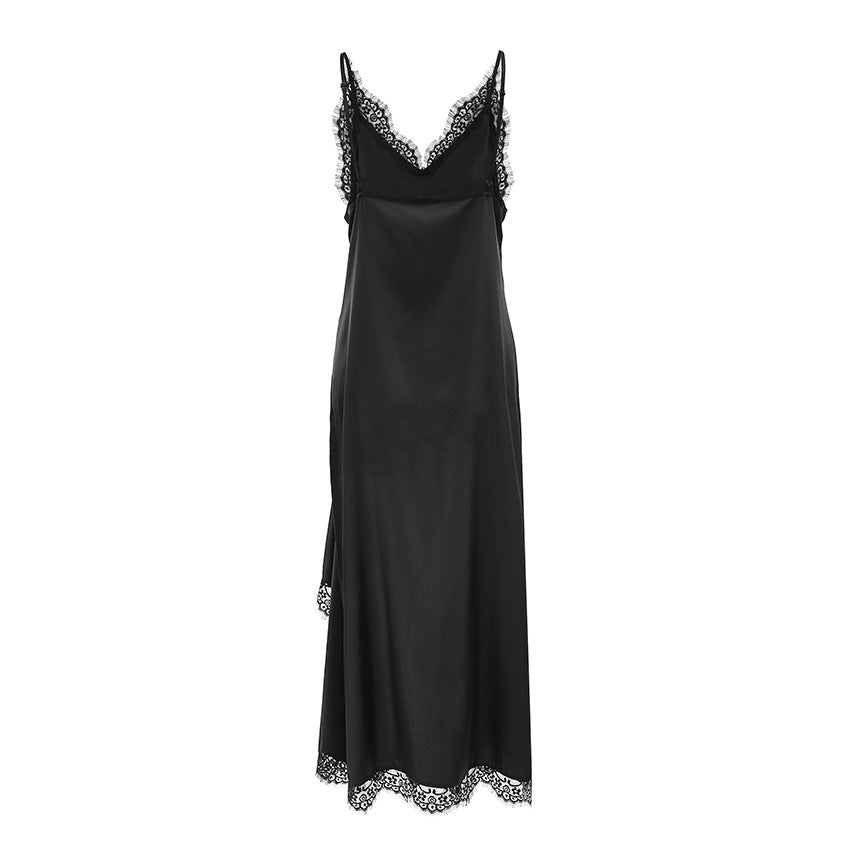 Black Lace-trimmed Irregular Slip Dress