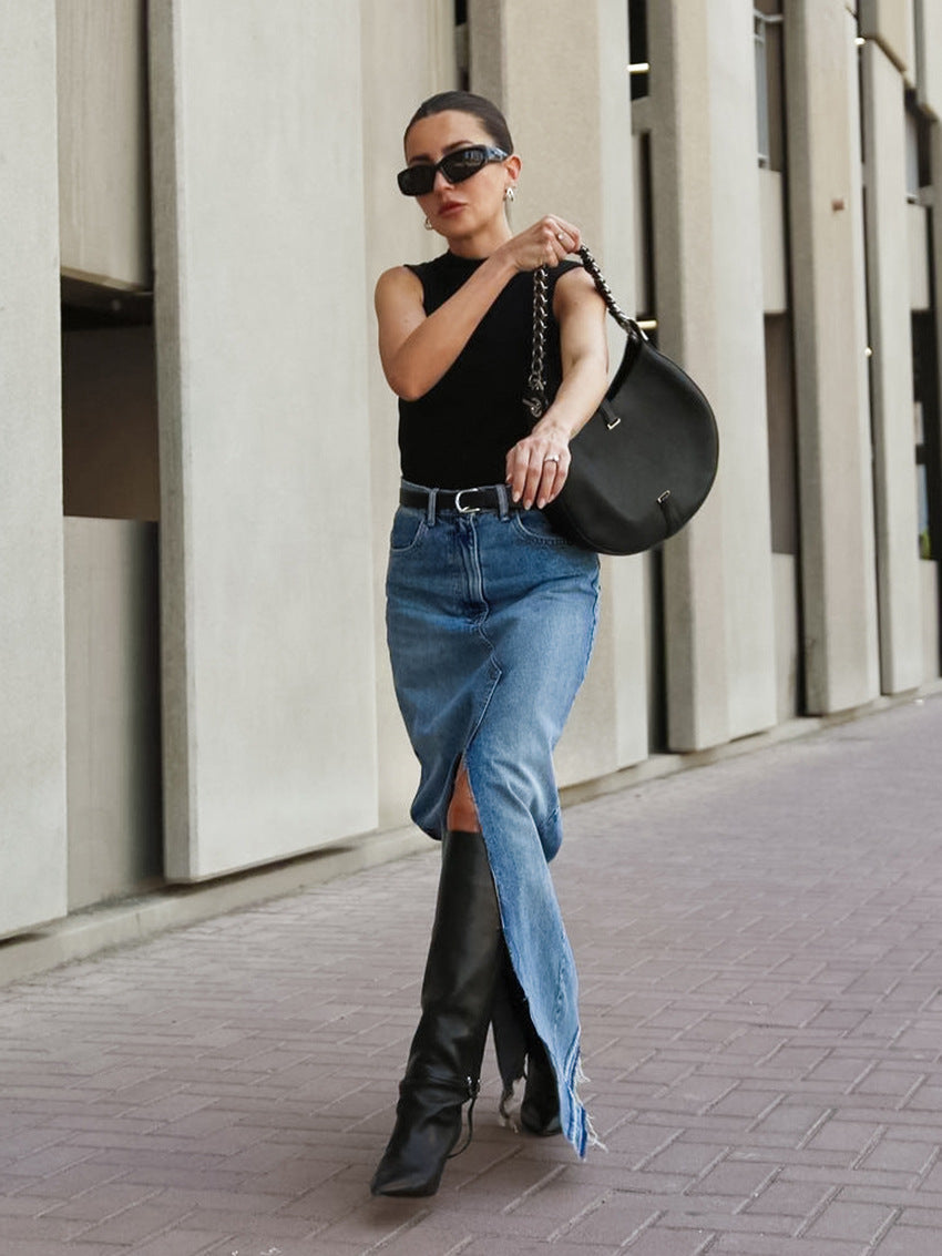 High-Waisted Denim Skirt with Front Slit