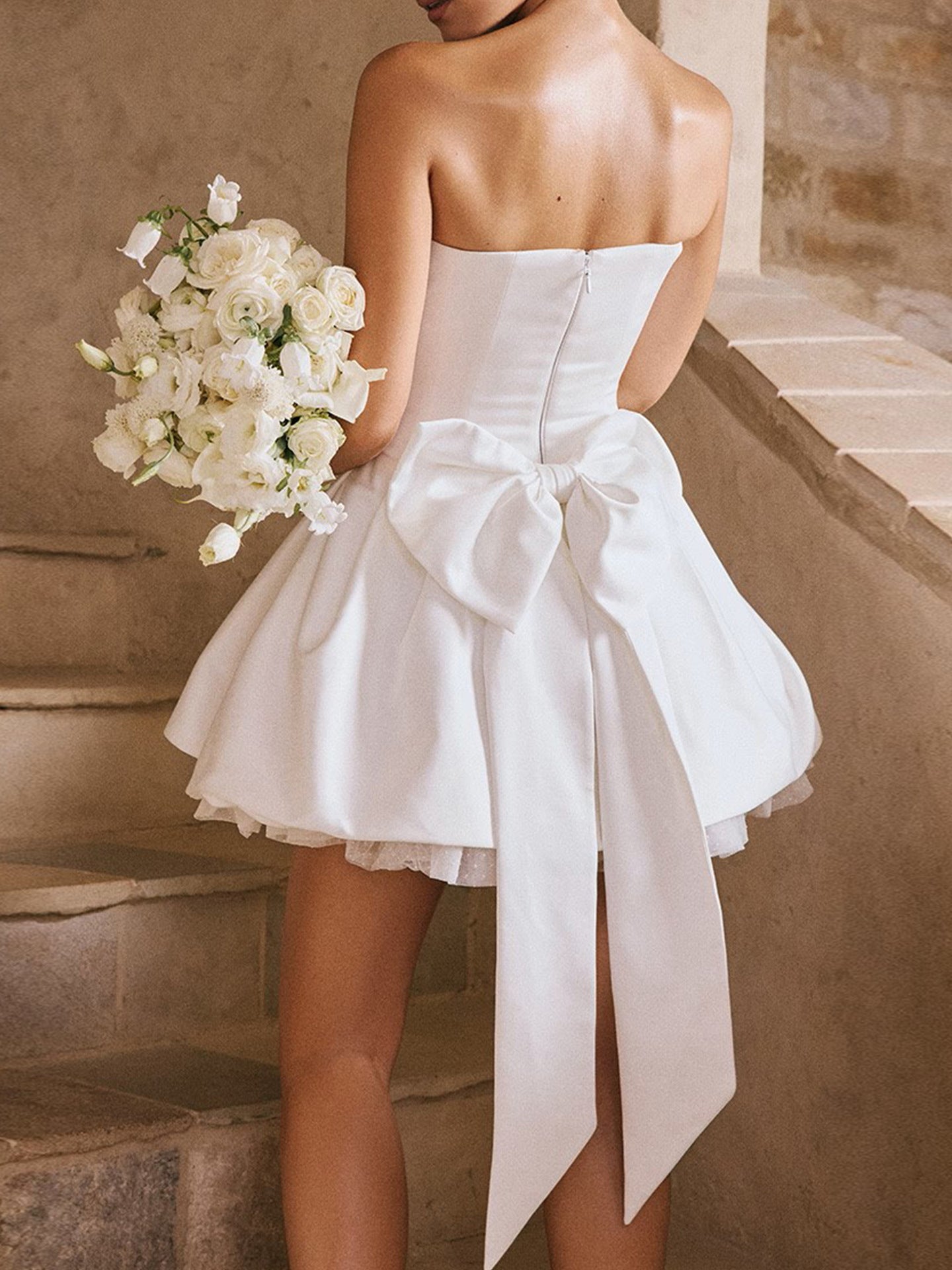 Satin Strapless Bow Mini Gown