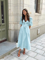 Tie Front Puff Sleeve Vacation Midi Dress