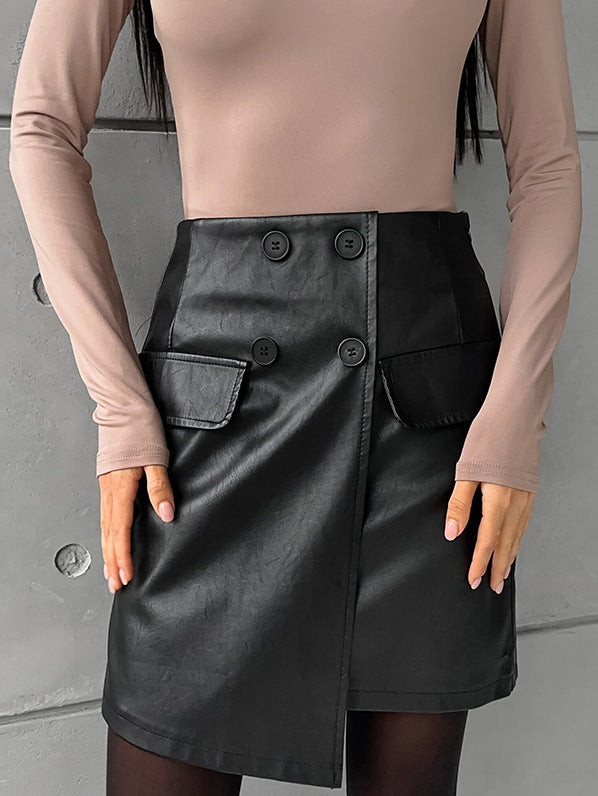 Slim Wrap Hip Pure High Waist Leather Skirts