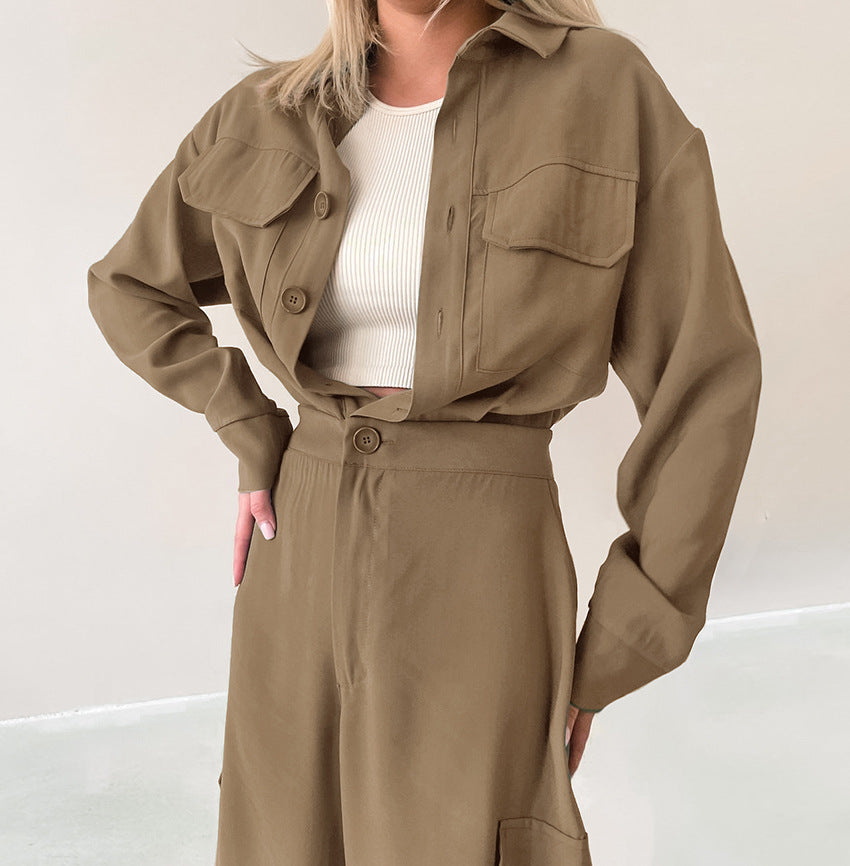 Long Sleeve Single-breasted Cargo Jumpsuits