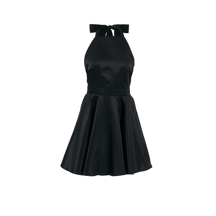 Satin Knotted Doule Pockets Open Back Pleated Mini Dress