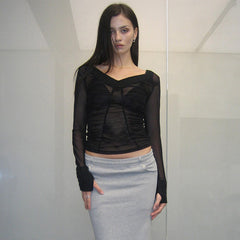 Ruched Sheer V Neck Long Sleeve Tops