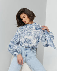 Ink Painting Shirt Design Print Lantern Sleeve Stand Collar Top