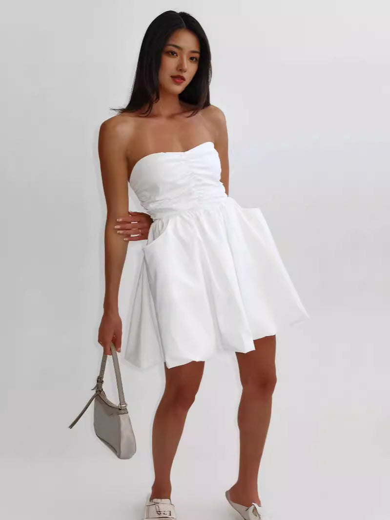 Sleeveless Sweetheart Neck Ruched Tube Top Flare Short Dress