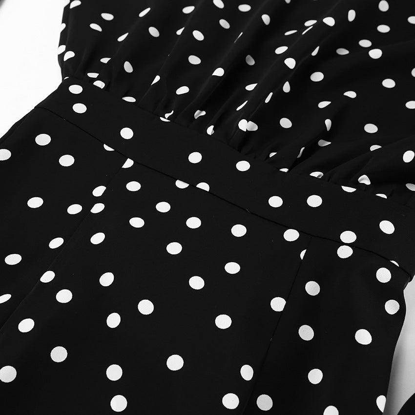 V-Neck Polka Dot Long Sleeve Black Short Dresses