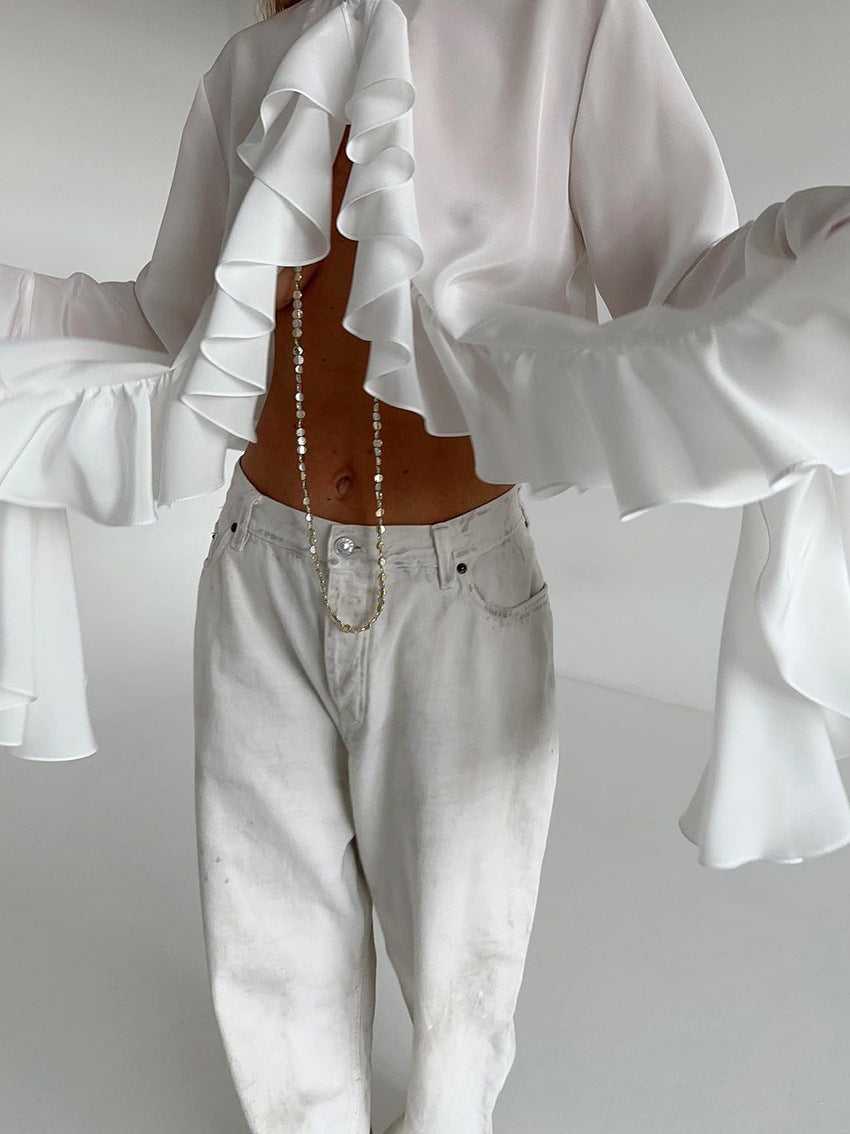 Bell Sleeve Up Sheer Chiffon Ruffle Blouse