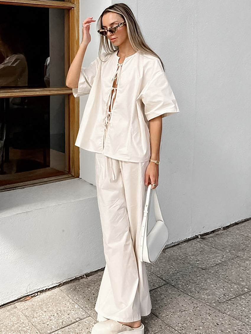 Loose Fit 5-Sleeve Tie Cardigan and Wide Leg Pants Set