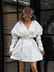 White V-neck Puff Sleeve A- Line Dress