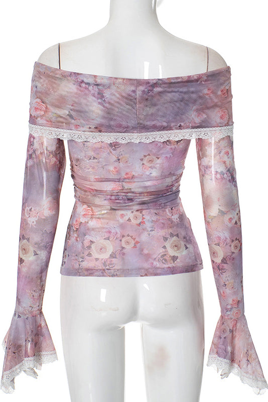 Off-Shoulder Floral Print Ruffled Lace Long-Sleeved Top