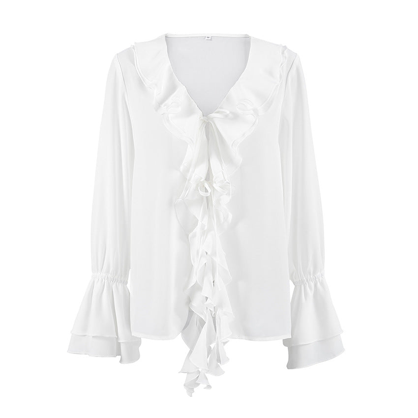 Solid Color Ruffle V Neck Blouses
