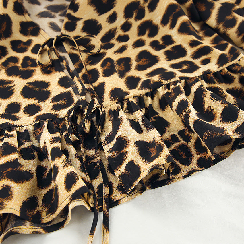 Leopard Print Loose V-neck Tie Top and Elastic Waist Comfort Pants Set