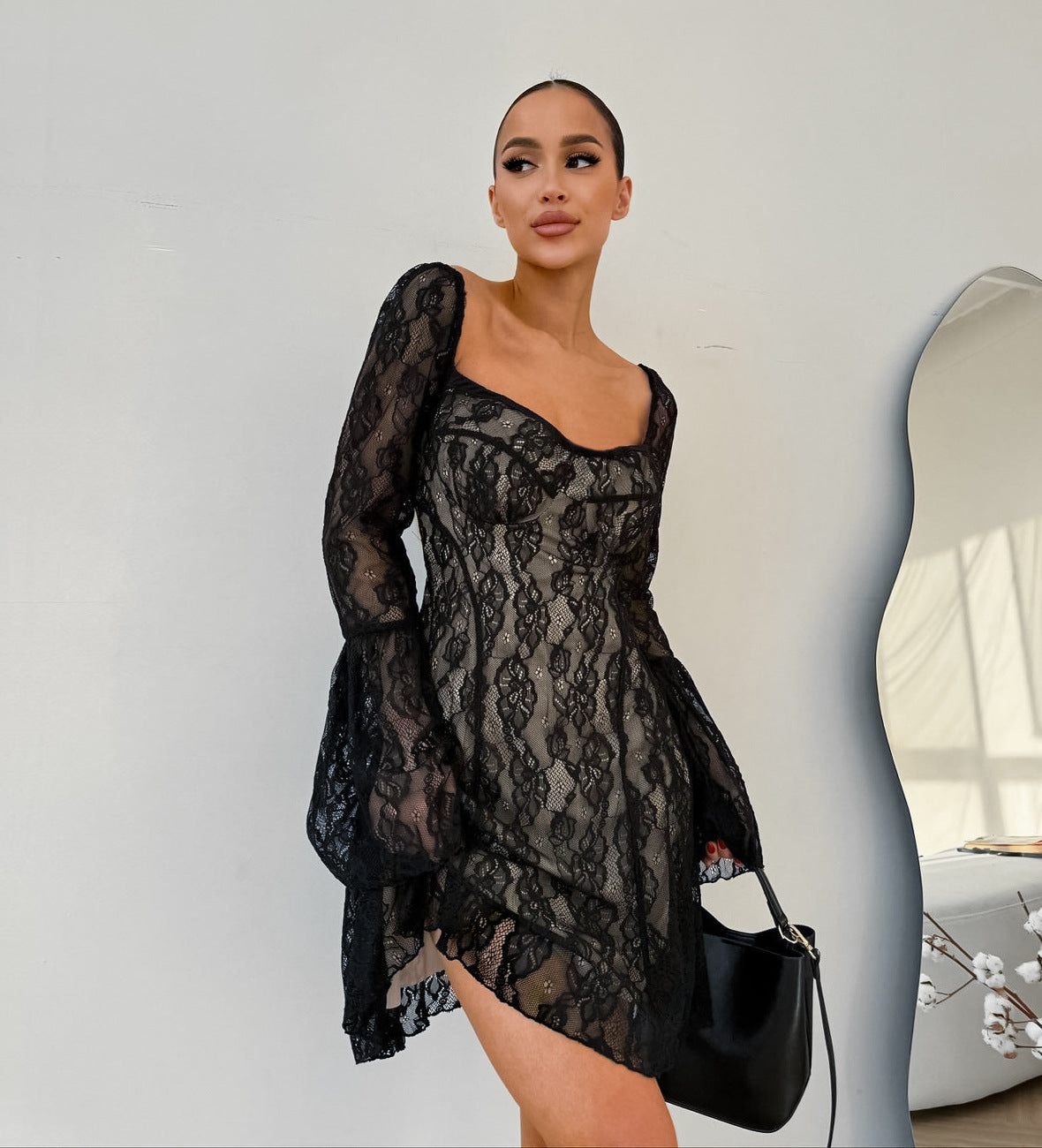 Lace Square Neck Bowknot Bell Sleeve Mini Dress