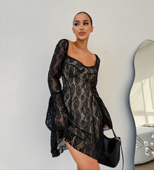 Lace Square Neck Bowknot Bell Sleeve Mini Dress