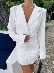 White Solid Deep V-Neck Long Sleeve Fitted Ruched Shirt Dress