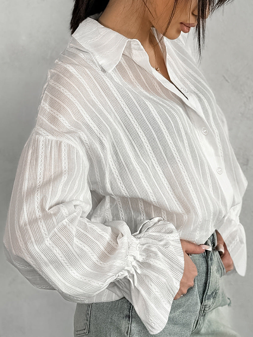 Striped Button-Up Shirt with Flared Cuff Detailing