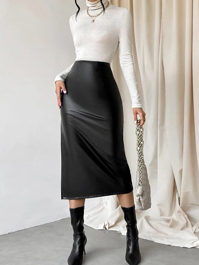 Sheath Leather Skirt Autumn And Winter Black Slit Straight Skirt