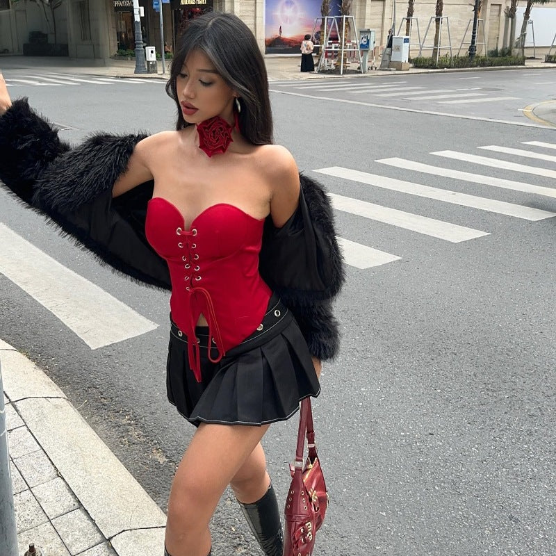 Red Lace-up Bandeau Irregular Top