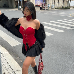 Red Lace-up Bandeau Irregular Top