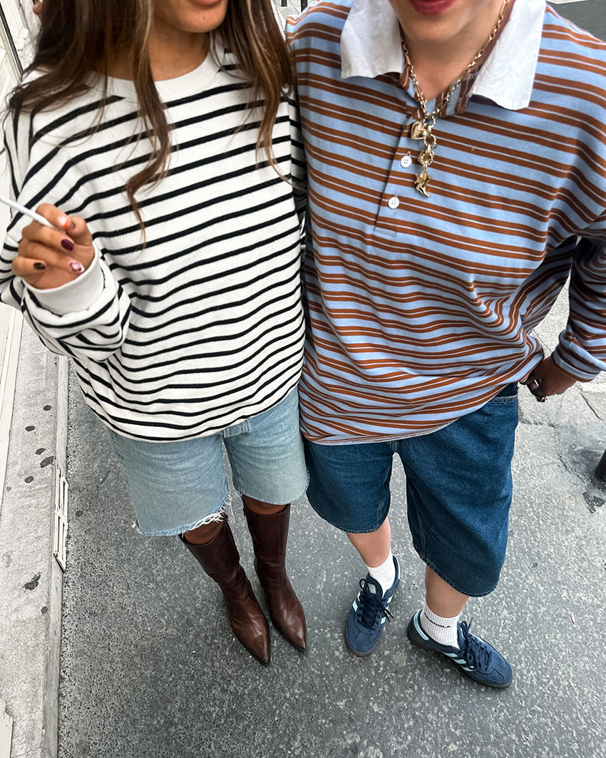 Striped Print Buttons Contrast Turndown Collar Tops