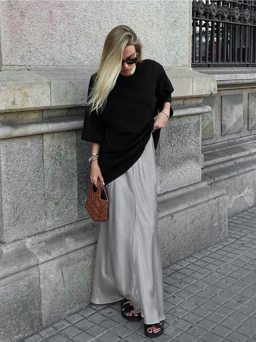 Gray Satin High Waist Mermaid Maxi Skirt