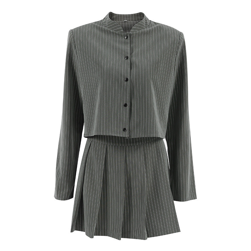 Stand Collar Button Top High Waist Pleated Skirt Suit