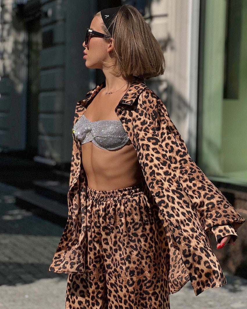 Leopard Print Long Sleeve Blouses Wide Leg Pants Set