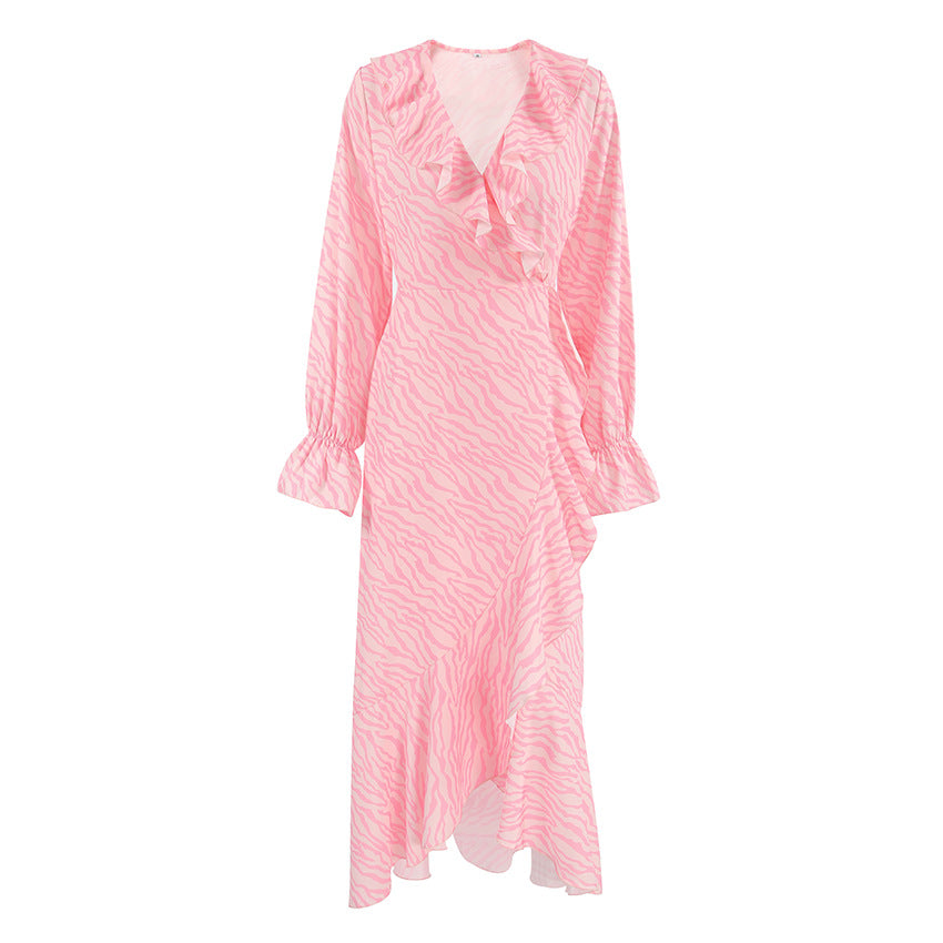 Zebra Print Lace Up Ruffle V Neck A Line Dresses