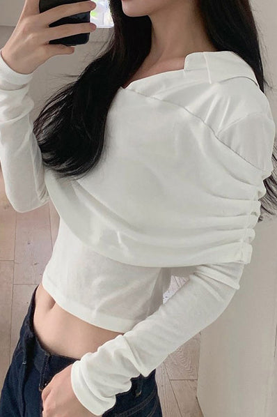 Off-Shoulder Colorblock Long-Sleeved Slim-Fit T-shirt
