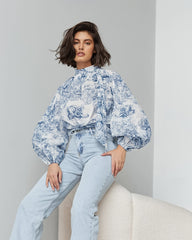 Ink Painting Shirt Design Print Lantern Sleeve Stand Collar Top